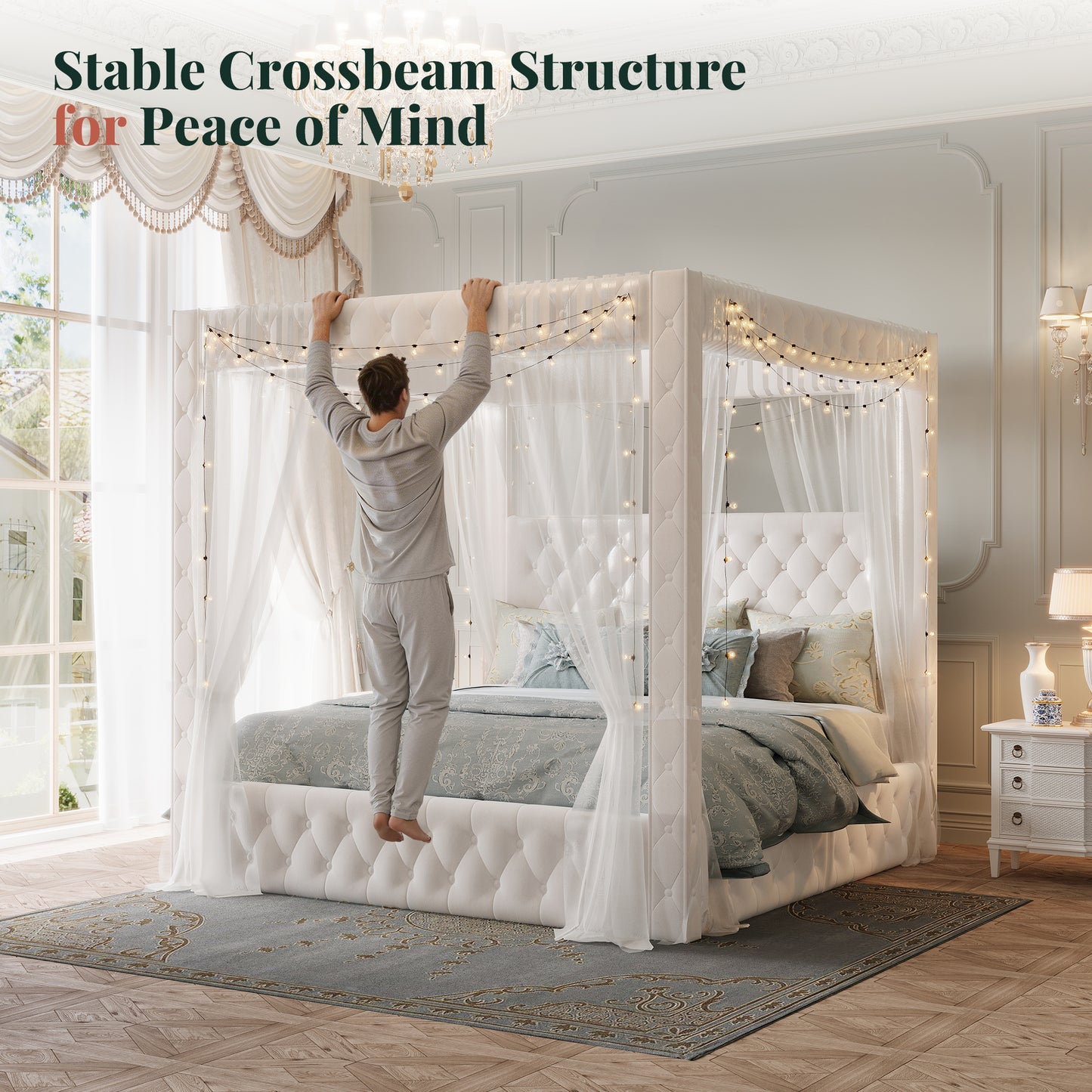 Jocisland Upholstered Canopy Bed Frame with 74.8" Tall Four Poster and Velvet Deep-Tufted Tall Headboard with Charging Station/Modern Luxury Style/No Box Spring Needed