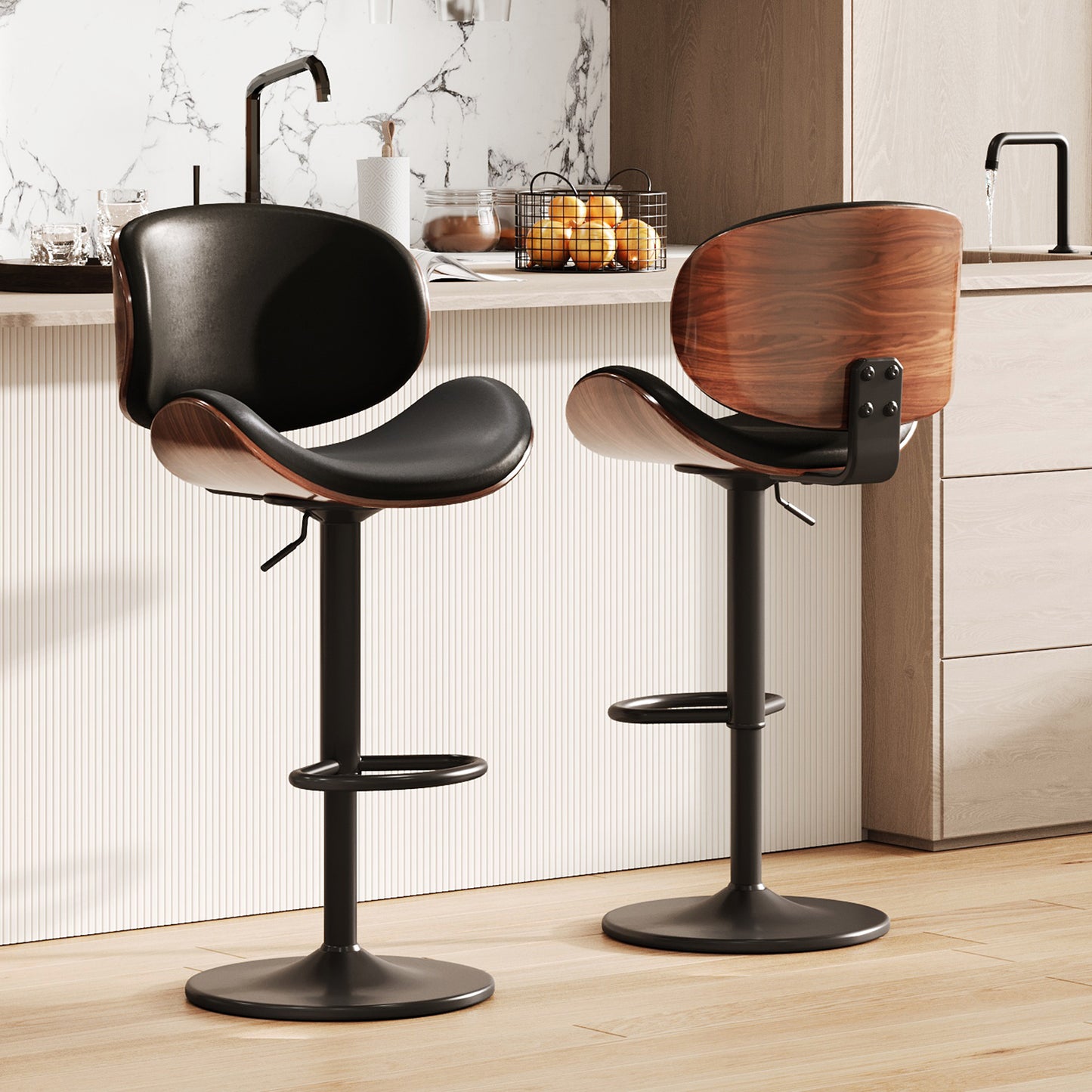 MERLUXY Modern Swivel Bar Stools Set of 4, Adjustable Bentwood Counter Height Barstools 24" to 33", PU Leather Upholstered Bar Chair with Back and Footrest, for Bar, Kitchen Island, Black