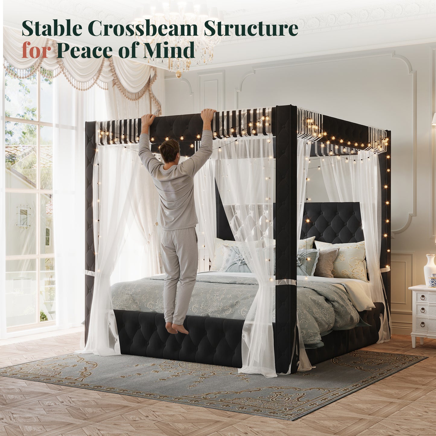Jocisland Upholstered Canopy Bed Frame with 74.8" Tall Four Poster and Velvet Deep-Tufted Tall Headboard with Charging Station/Modern Luxury Style/No Box Spring Needed