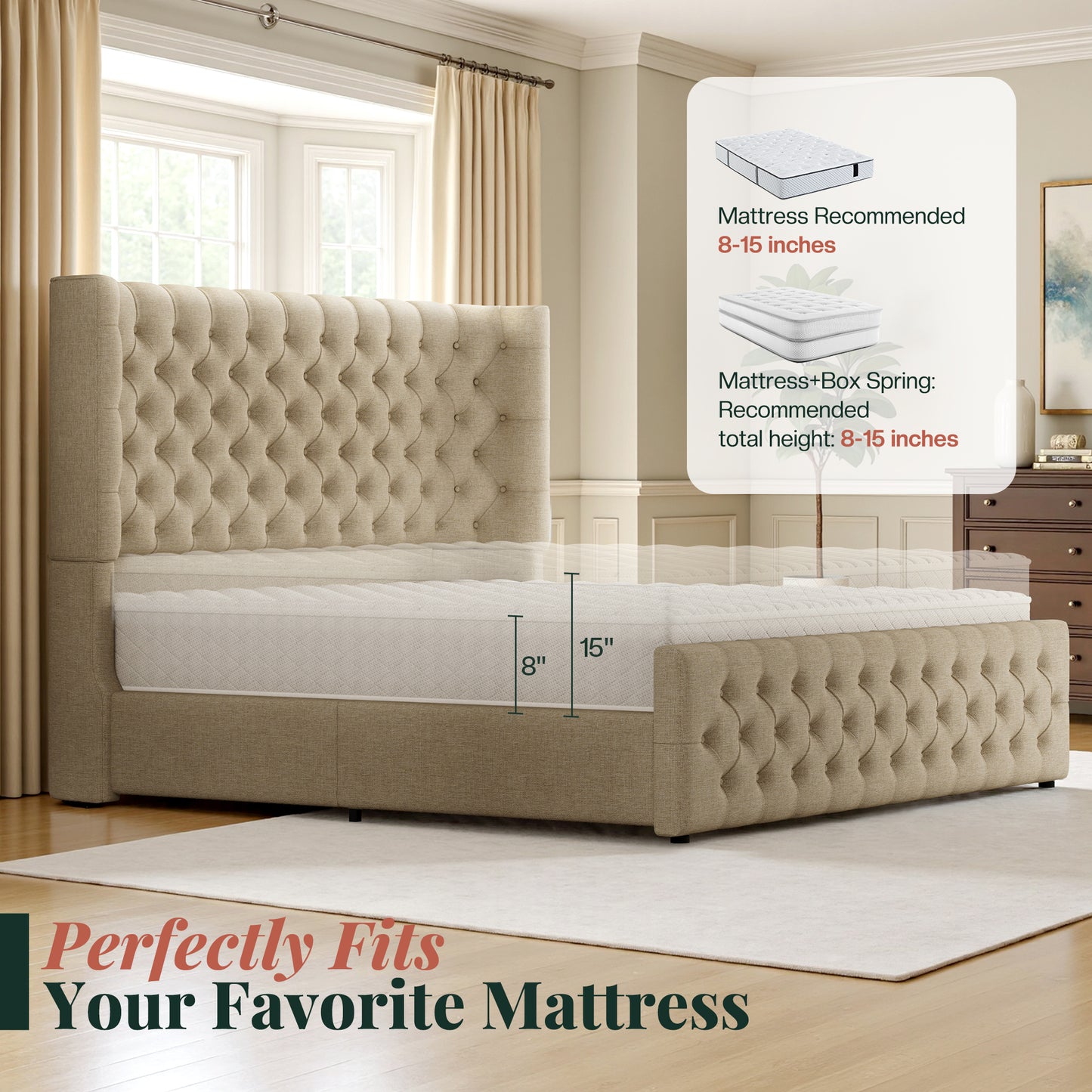 Jocisland Platform Bed Frame, 6.3" Thick Upholstered Curved Wingback Headboard and Footboard with Deep Button Tufted, Easy Assembly, No Box Spring Needed