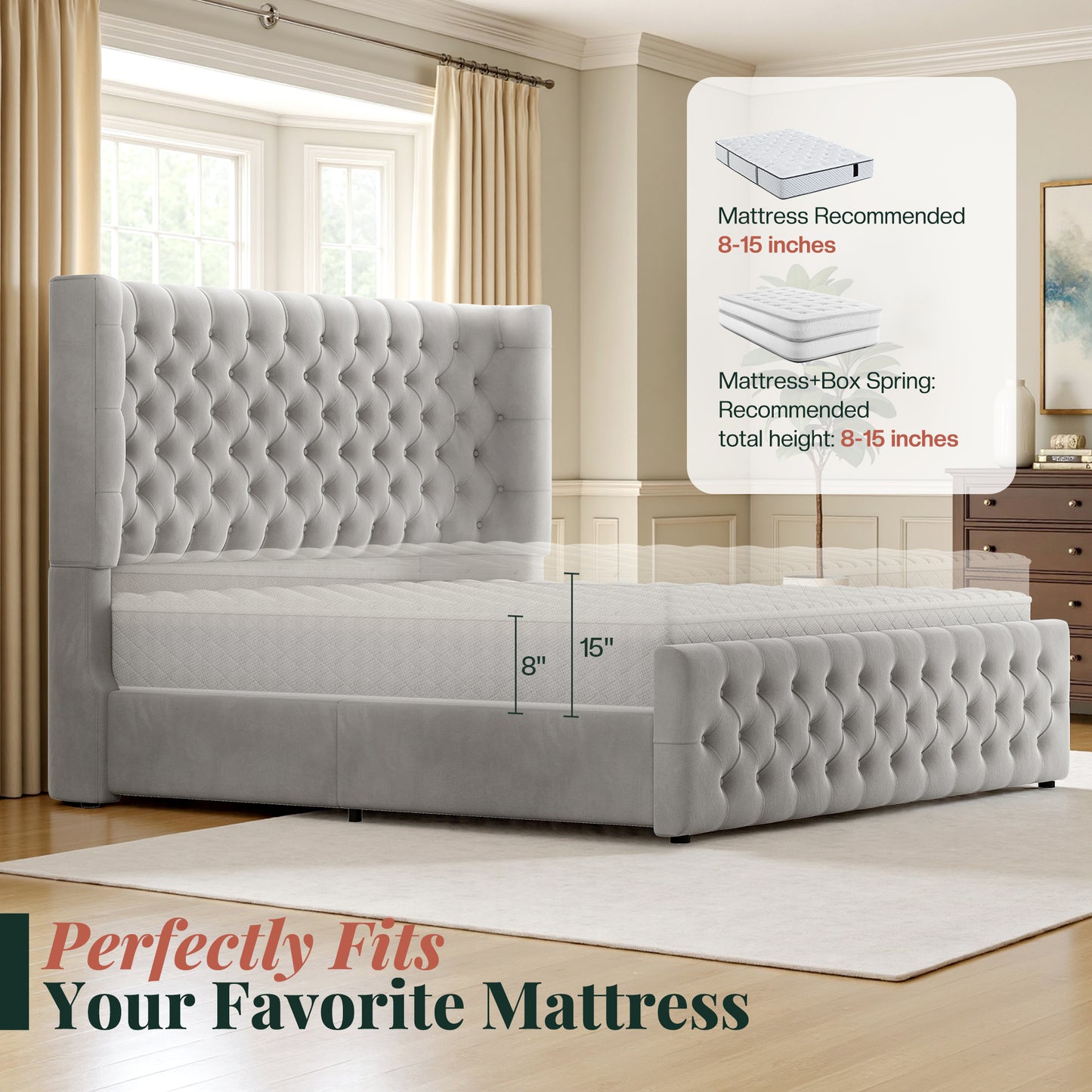 Jocisland Platform Bed Frame, 6.3" Thick Upholstered Curved Wingback Headboard and Footboard with Deep Button Tufted, Easy Assembly, No Box Spring Needed