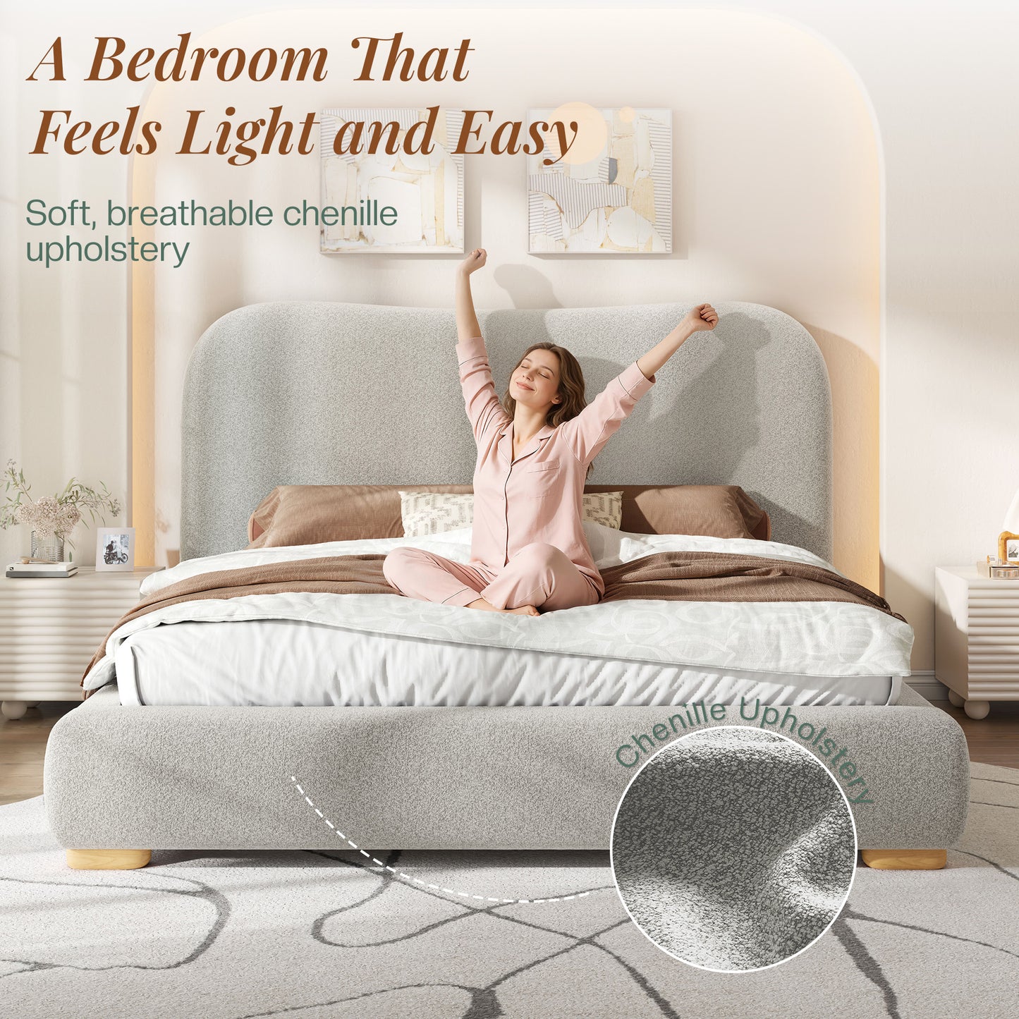 Jocisland Cloud Bed Frame, 7.1" Thick Curved Headboard, Soft Rounded Corners Kid & Pet Safe Design, Modern Upholstered Platform Bed, No Box Spring Needed, Easy Assembly