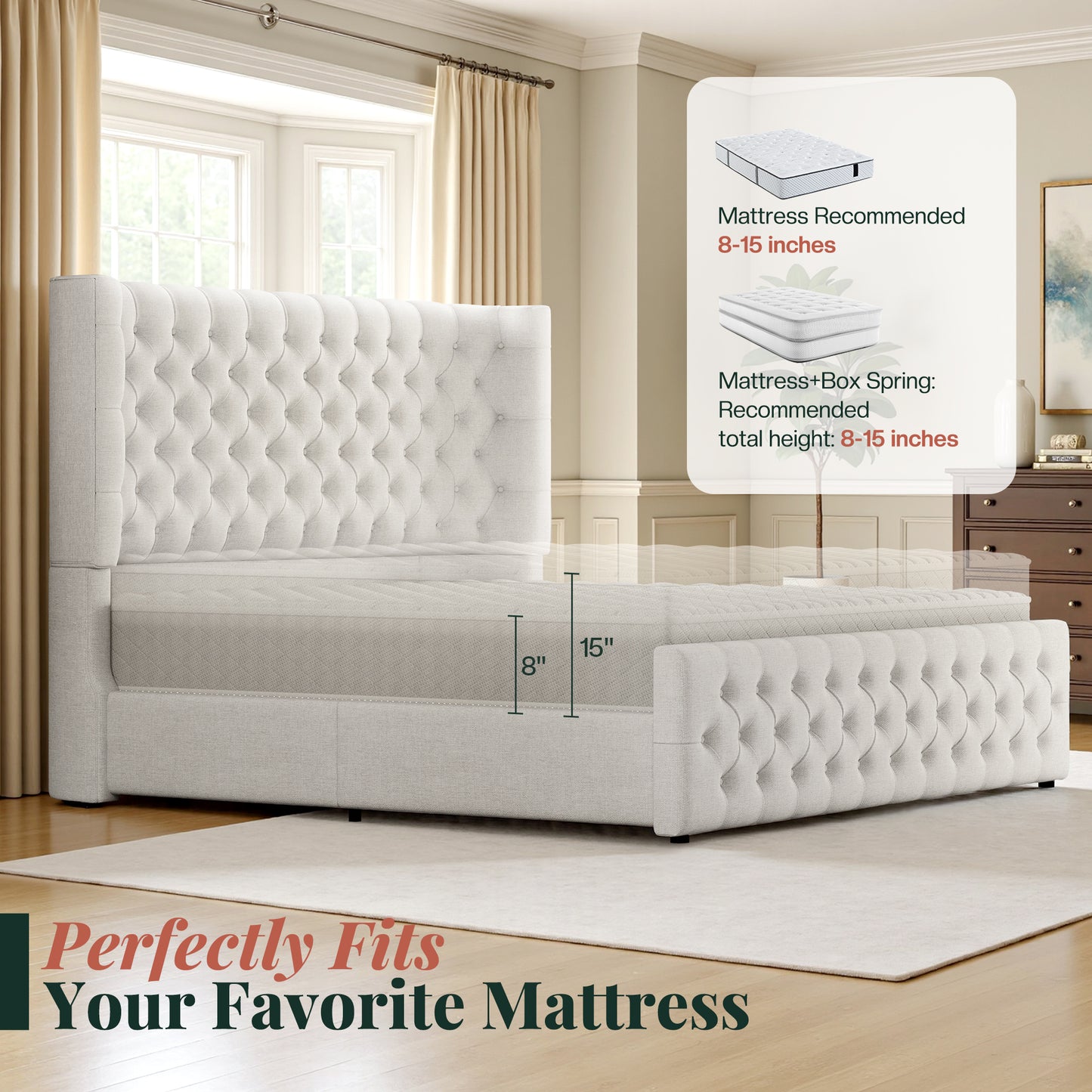 Jocisland Platform Bed Frame, 6.3" Thick Upholstered Curved Wingback Headboard and Footboard with Deep Button Tufted, Easy Assembly, No Box Spring Needed