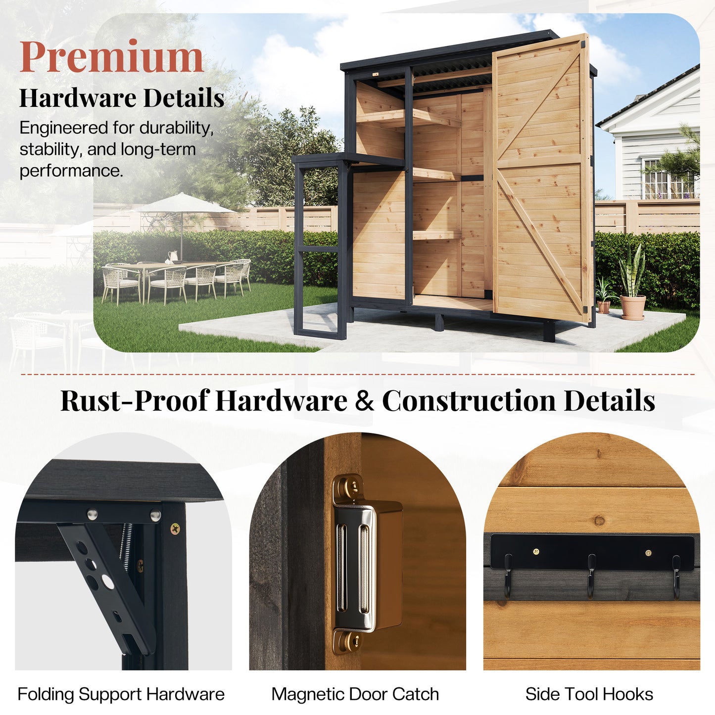 Jocisland Solid Fir Wood Outdoor Storage Shed,Garden Tool Shed with Foldable Workbench, Adjustable Shelves,Sloping Roof,Weatherproof Utility Cabinet for Backyard,Patio&Lawn, Poolside,2.76x5.15x5.9 FT
