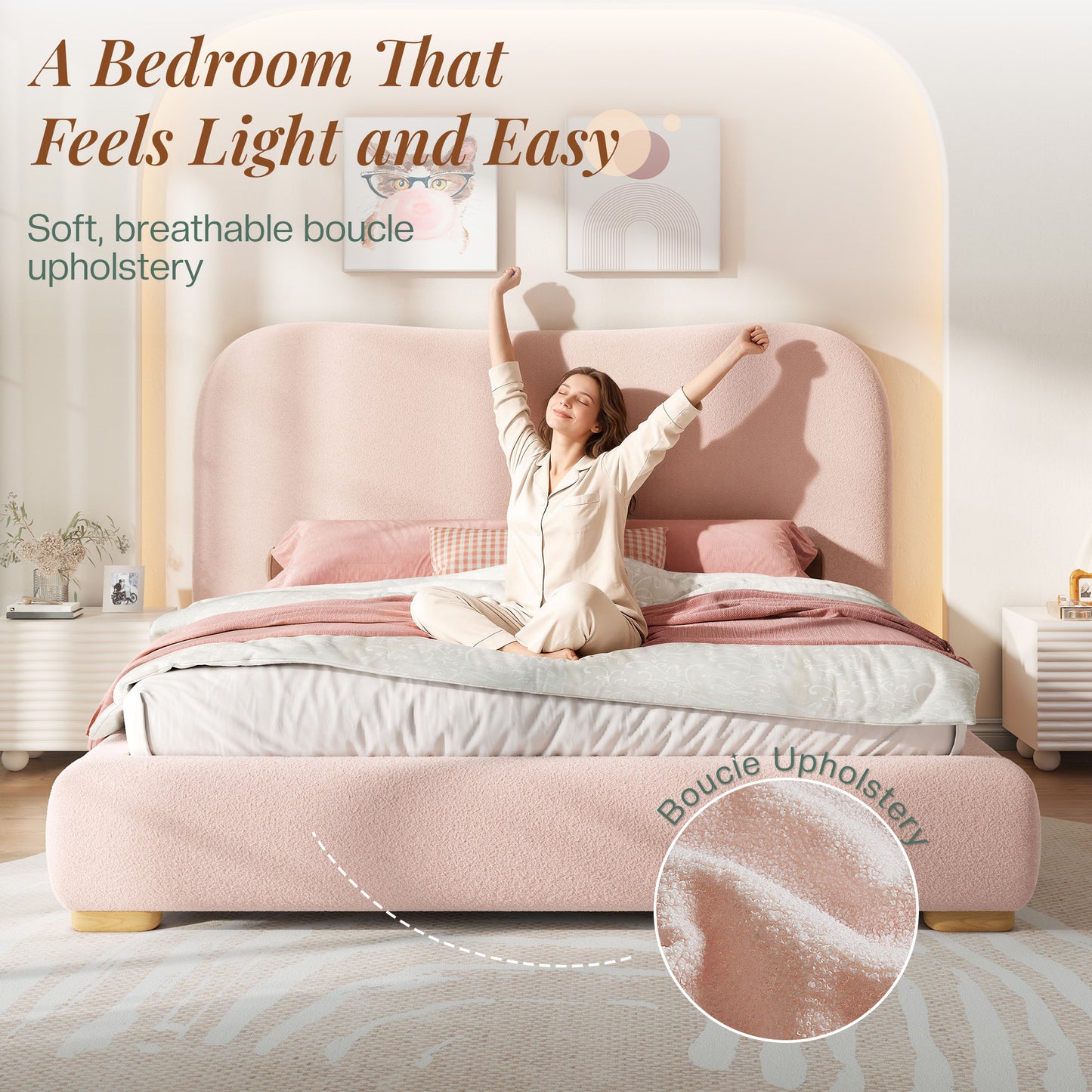 Jocisland Cloud Bed Frame, 7.1" Thick Curved Headboard, Soft Rounded Corners Kid & Pet Safe Design, Modern Upholstered Platform Bed, No Box Spring Needed, Easy Assembly