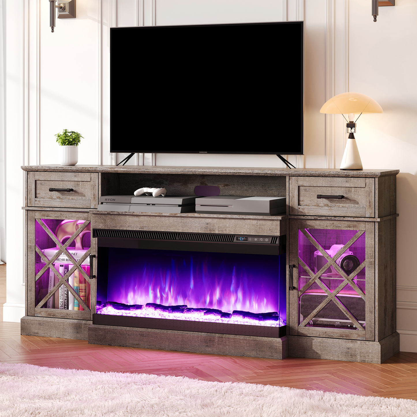 Merluxy Farmhouse LED Fireplace TV Stand with 3-Sided Glass Fireplace, 70" Large Entertainment Center for TVs up to 80", Rustic TV Console with Glass Door Storage for Living Room, Light Gray