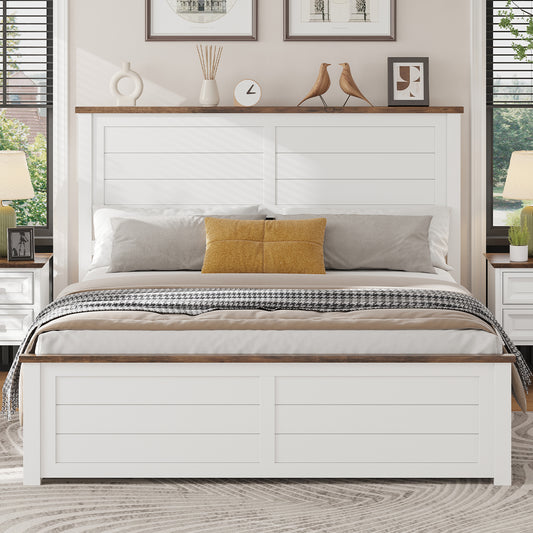 VANACC Farmhouse Bed Frame with Headboard and 4 Storage Drawers, Solid Wood Barn Door Platform Bed with Wood Slats, Heavy Duty Mattress Foundation, Non-Slip & Noise-Free