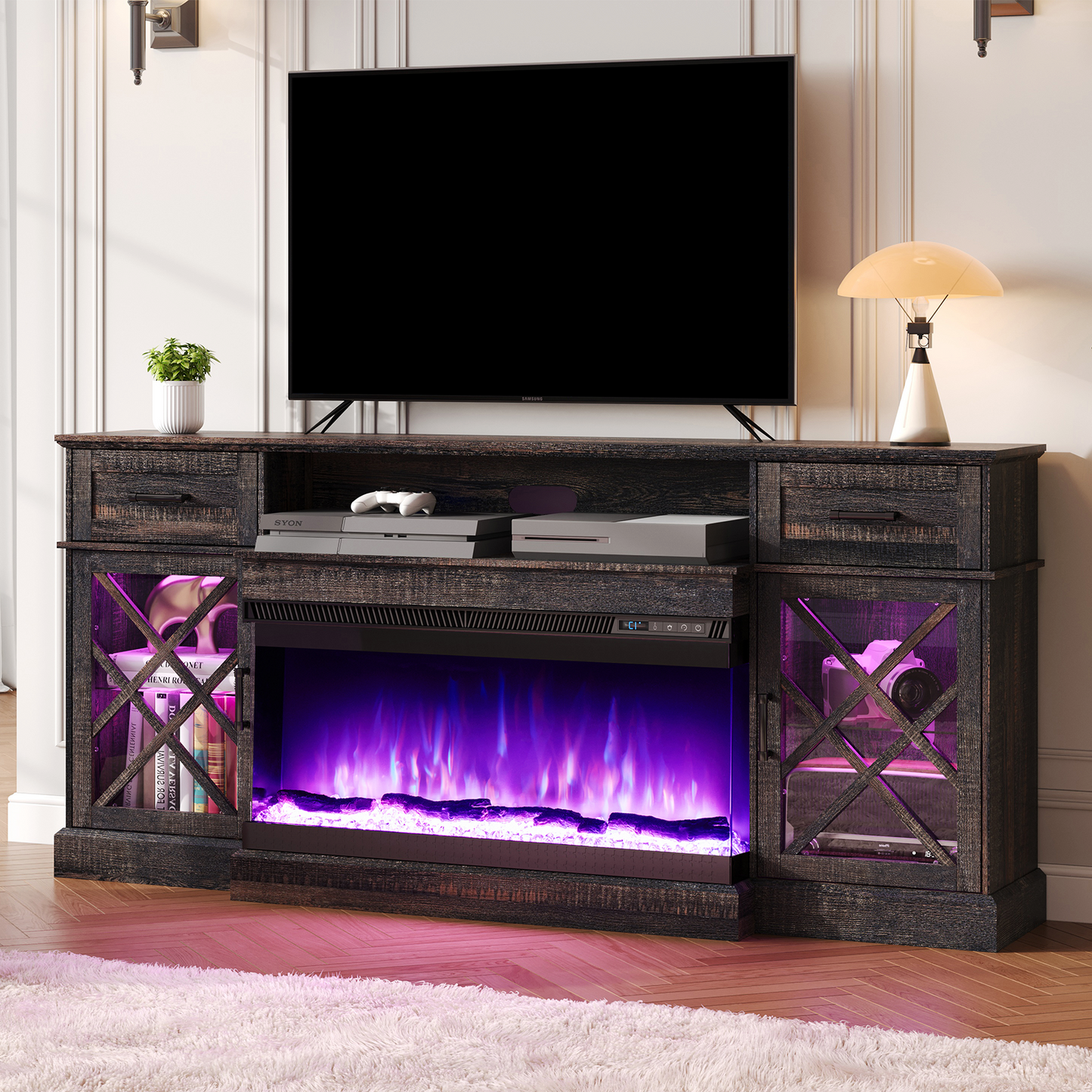 Merluxy Farmhouse LED Fireplace TV Stand with 3-Sided Glass Fireplace, 70" Large Entertainment Center for TVs up to 80", Rustic TV Console with Glass Door Storage for Living Room, Light Gray