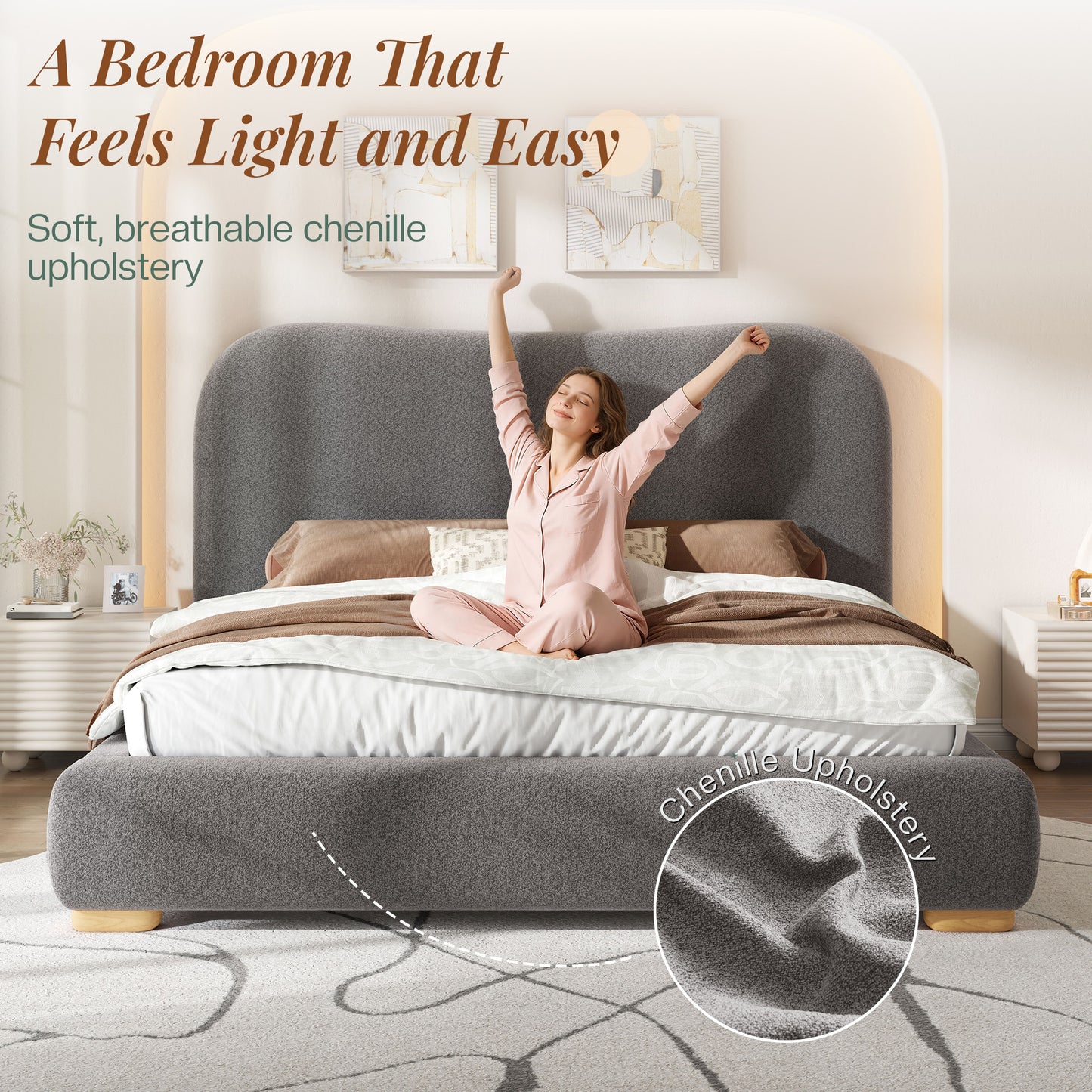 Jocisland Cloud Bed Frame, 7.1" Thick Curved Headboard, Soft Rounded Corners Kid & Pet Safe Design, Modern Upholstered Platform Bed, No Box Spring Needed, Easy Assembly