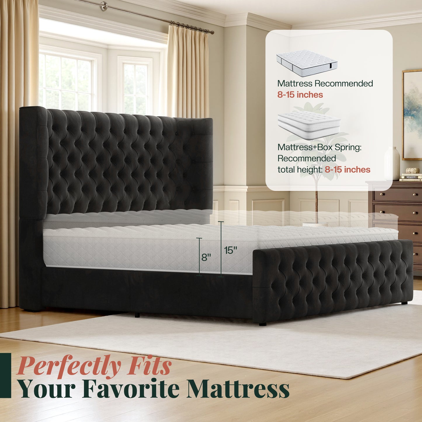 Jocisland Platform Bed Frame, 6.3" Thick Upholstered Curved Wingback Headboard and Footboard with Deep Button Tufted, Easy Assembly, No Box Spring Needed
