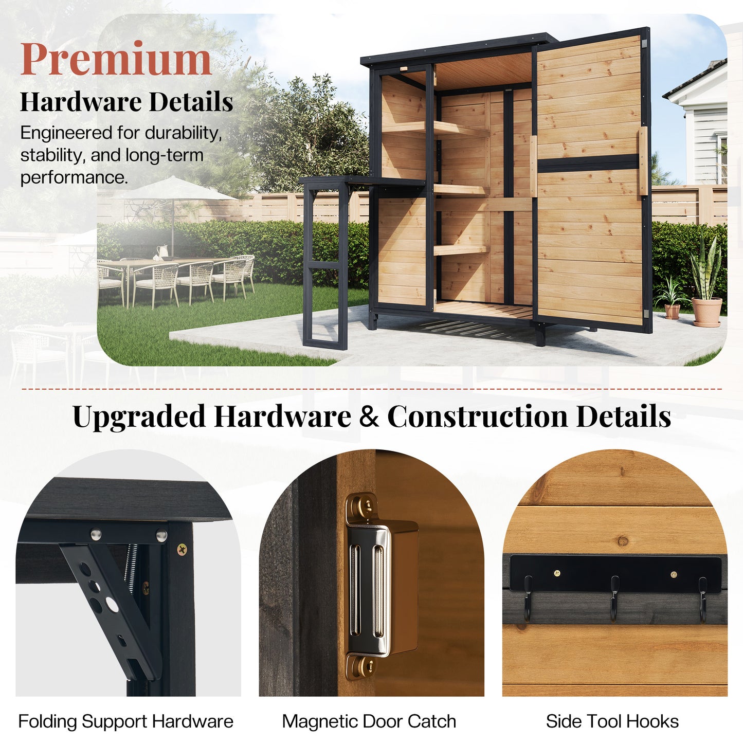 Jocisland Solid Wood Outdoor Storage Shed,Garden Tool Shed with Foldable Workbench, Adjustable Shelves,Slooping Roof,Weatherproof Utility Cabinet for Backyard,Patio&Lawn, Poolside