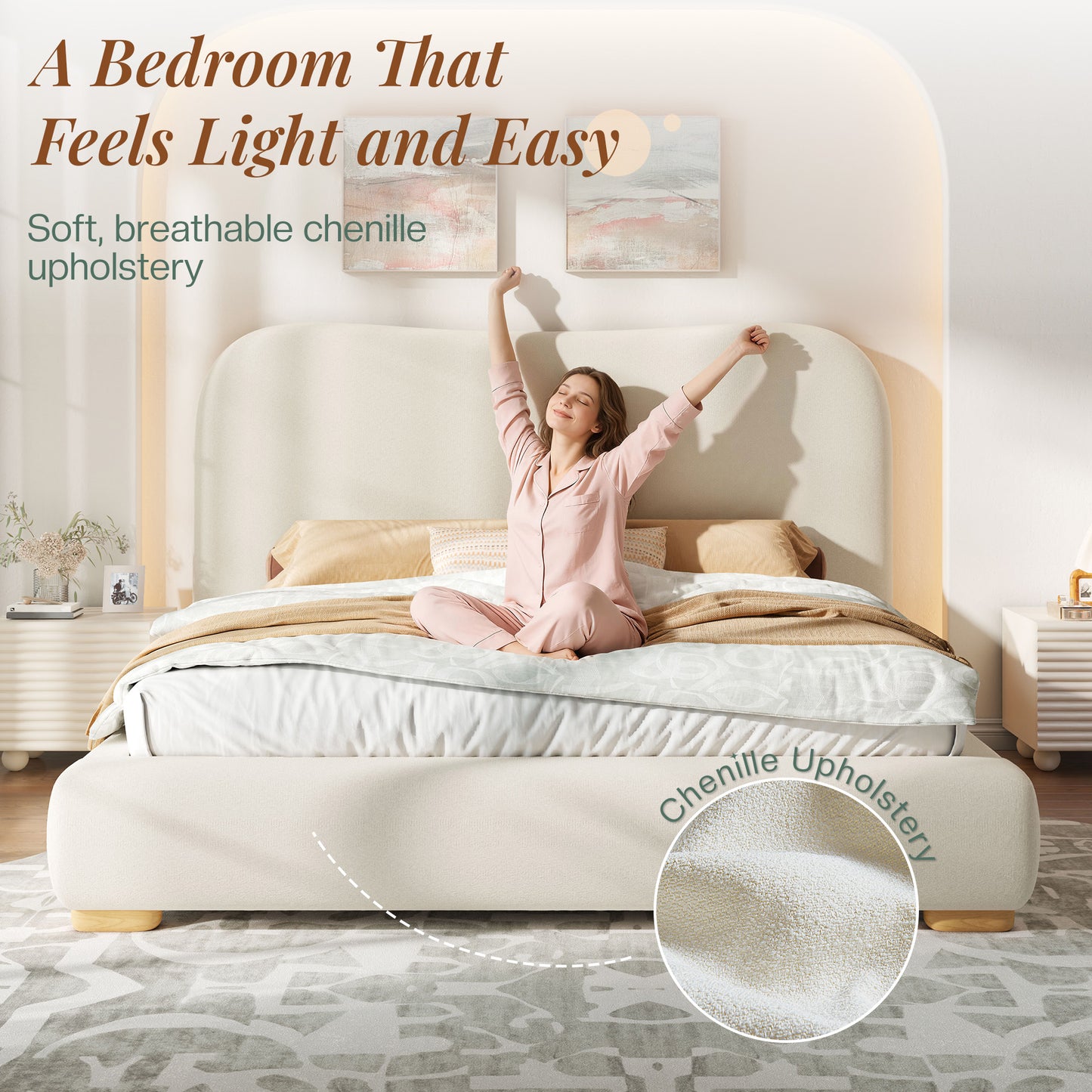 Jocisland Cloud Bed Frame, 7.1" Thick Curved Headboard, Soft Rounded Corners Kid & Pet Safe Design, Modern Upholstered Platform Bed, No Box Spring Needed, Easy Assembly