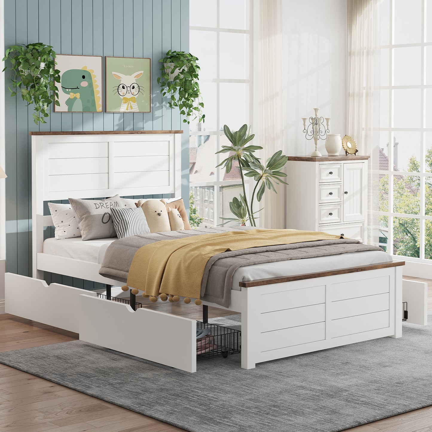 Farmhouse Twin Size Bed Frame with Headboard and 4 Storage Drawers, Solid Wood Barn Door Platform Bed with Wood Slats, Heavy Duty Mattress Foundation, Non-Slip & Noise-Free, Antique White