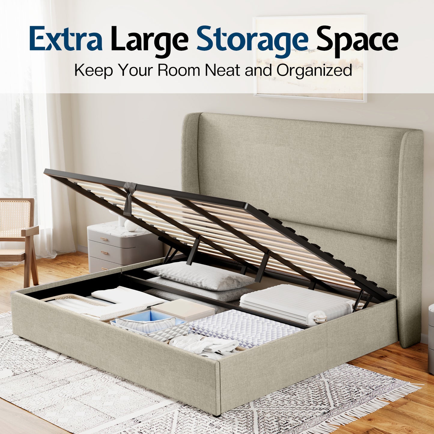 Jocisland Upholstered Platform Bed Frame with Hydraulic Lift Storage, Wingback Headboard, Wood Slats Support, No Box Spring Needed