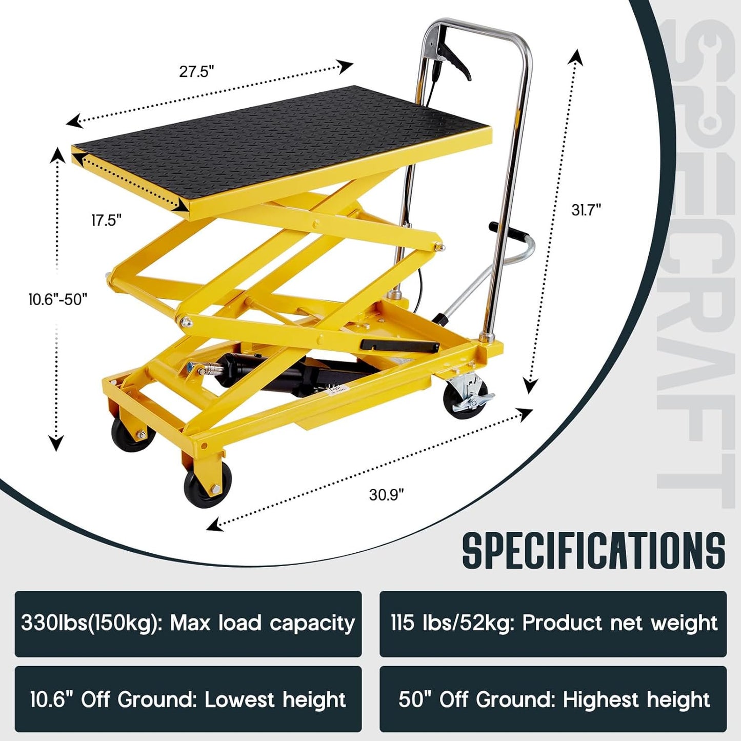 Jocisland Hydraulic Lift Table Cart, 330lbs Capacity 50" Lifting Height, Double Scissor Lift Table with 4 Wheels and Non-Slip Pad, hydraulic lift table for Material Handling, Yellow