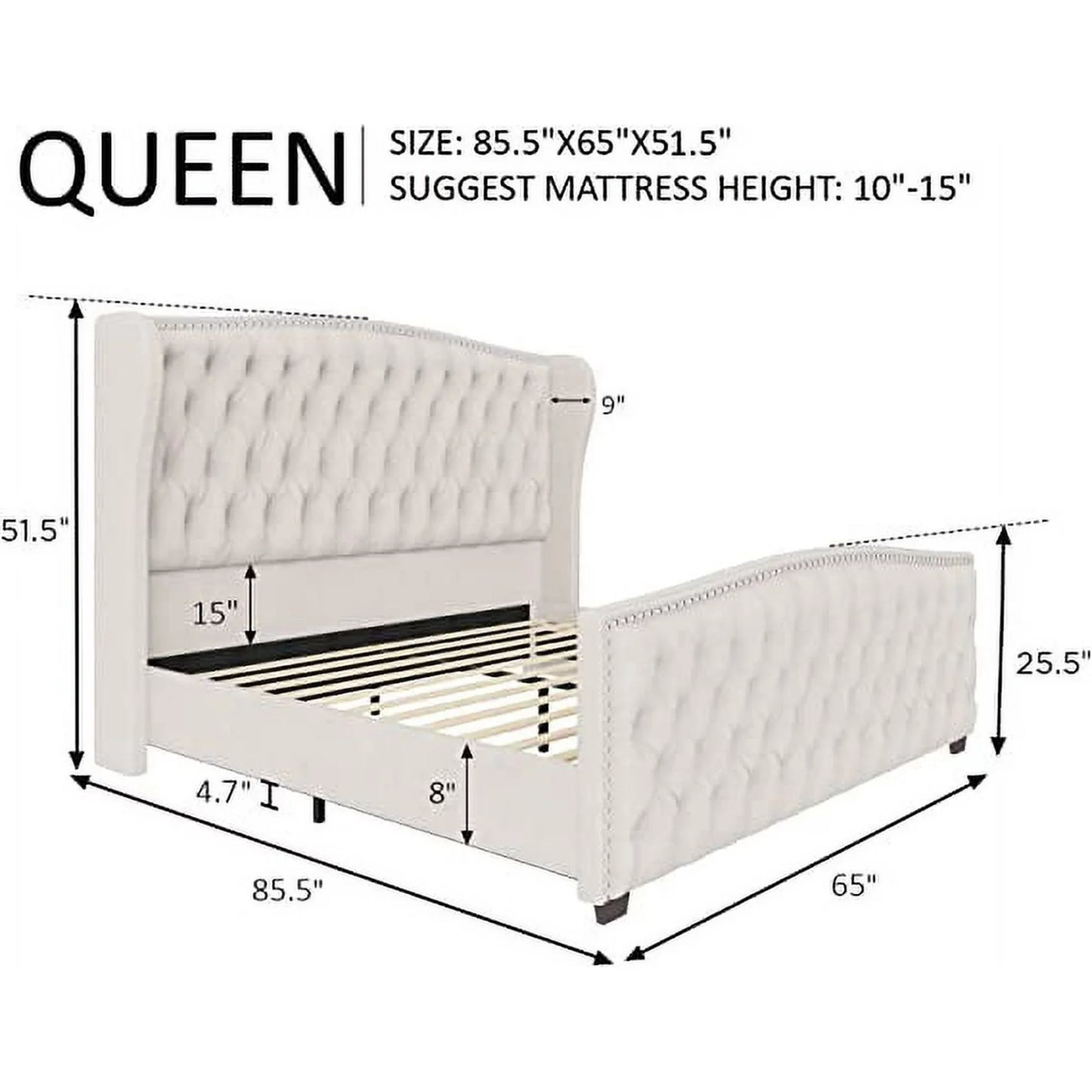 Queen Size Platform Bed Frame, Velvet Upholstered Bed with Deep Button Tufted & Nailhead Trim Wingback Headboard/No Box Spring Needed/Cream