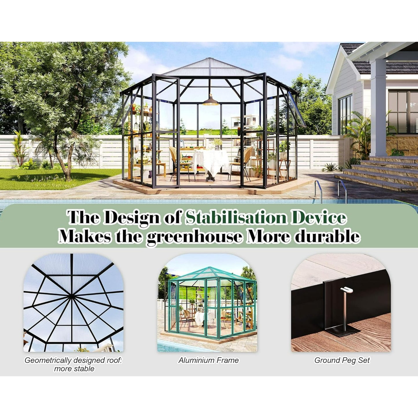 Jocisland 12x10x8 FT Hexagonal Greenhouse with Quick-Connect Fittings, Greenhouses for Outdoors Garden Backyard with 2 Swing Doors, Walk-in Aluminum Greenhouse with 2 Vents, Black