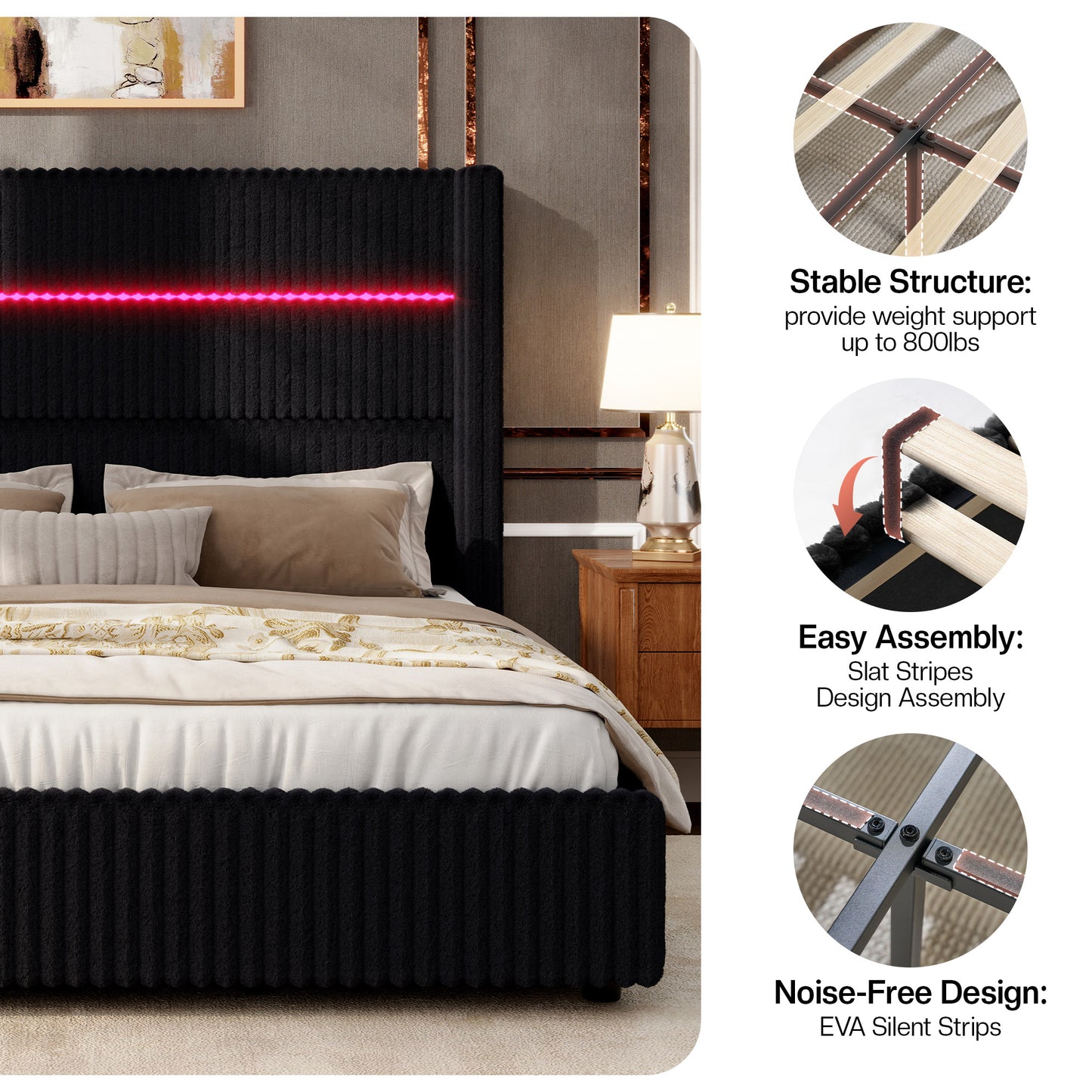 Jocisland Upholstered Corduroy Bed Frame with 4 Storage Drawers, 51.2" Tall Wingback Headboard, LED Lights & Charging Station, Platform Bed No Box Spring Needed, Easy Assembly