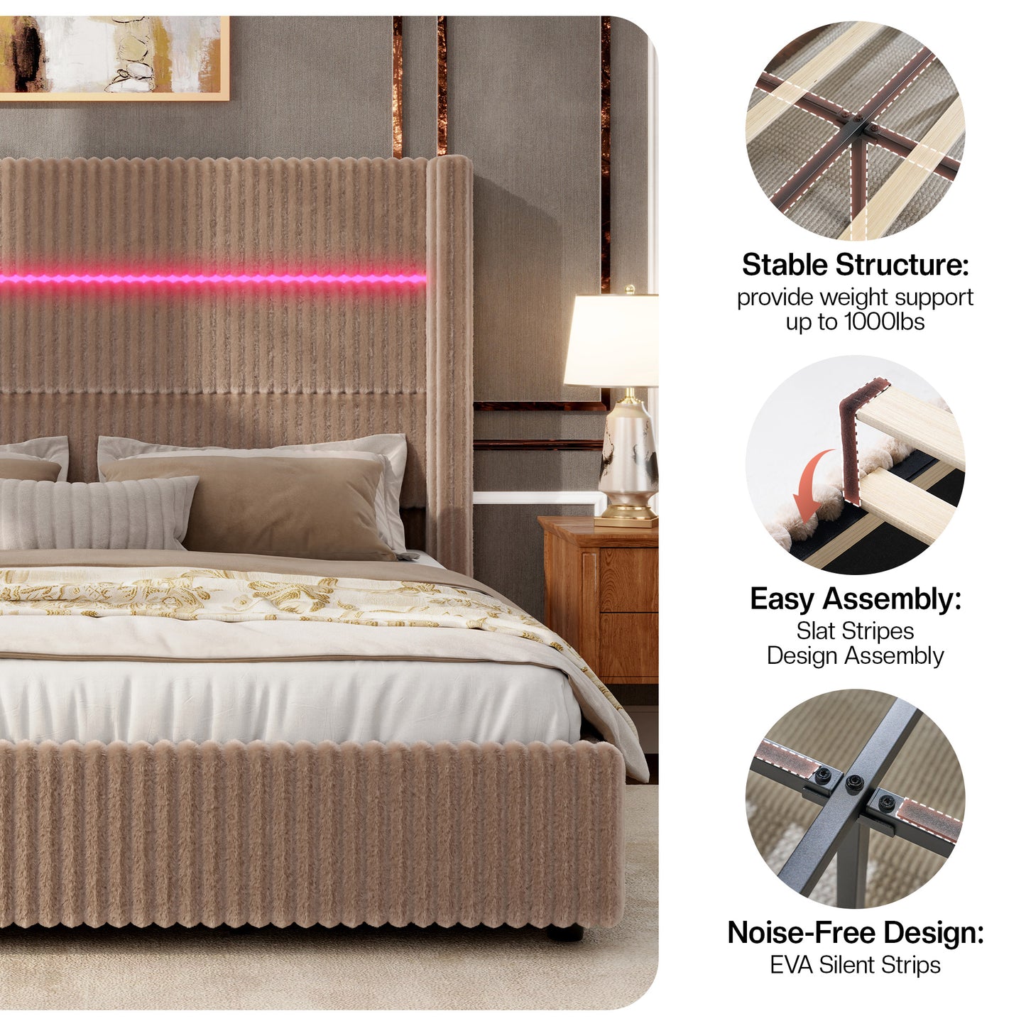 Jocisland Upholstered Corduroy Bed Frame with 4 Storage Drawers, 51.2" Tall Wingback Headboard, LED Lights & Charging Station, Platform Bed No Box Spring Needed, Easy Assembly