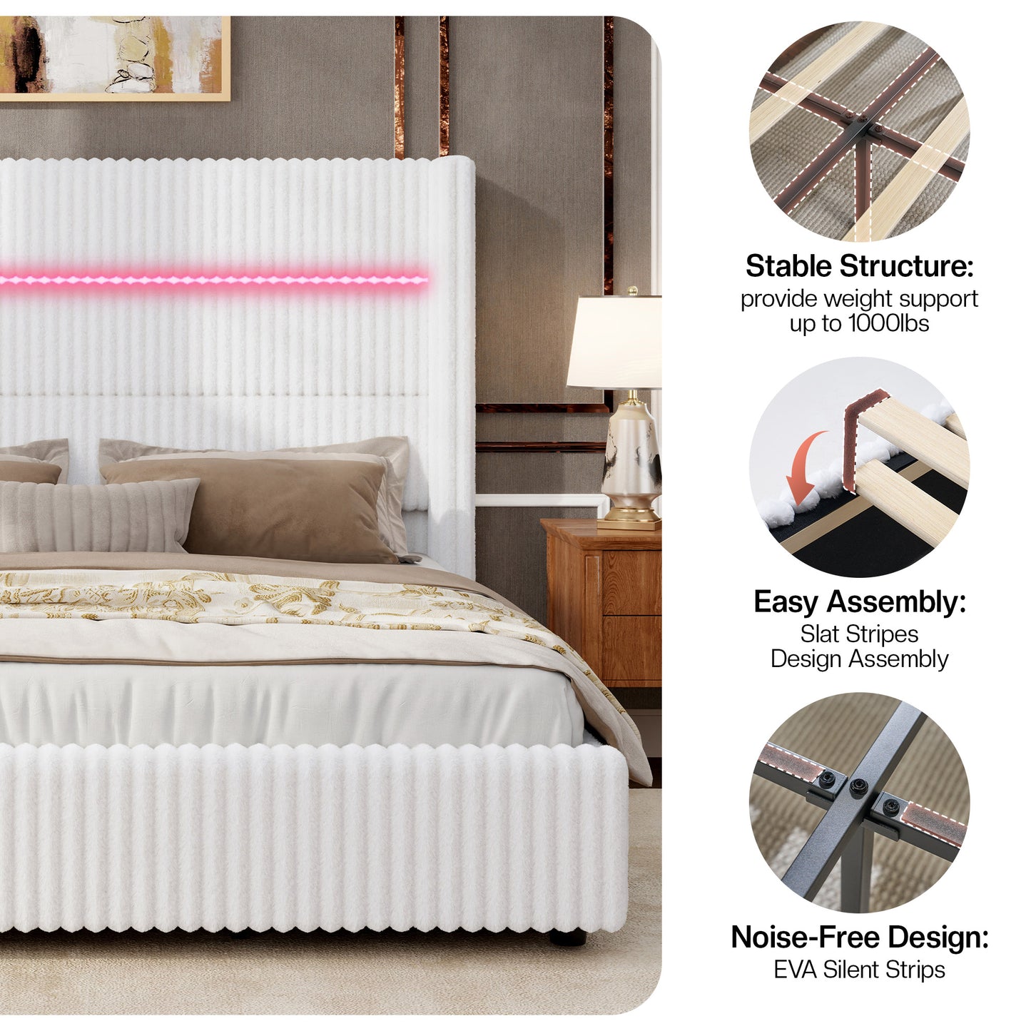Jocisland Corduroy Upholstered Bed Frame with 4 Storage Drawers & 51.2" Tall Wingback Headboard, LED Platform Bed with Charging Station, Easy Assembly, No Box Spring Needed