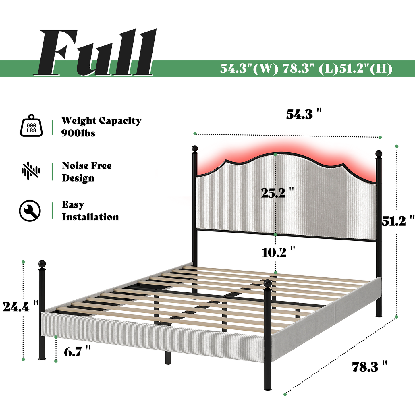 Merluxy Upholstered Full Size Bed Frame with 51.2" Tall Headboard, Metal Four Poster LED Beds for Bedroom, Easy Assembly, Wooden Slats, Grey