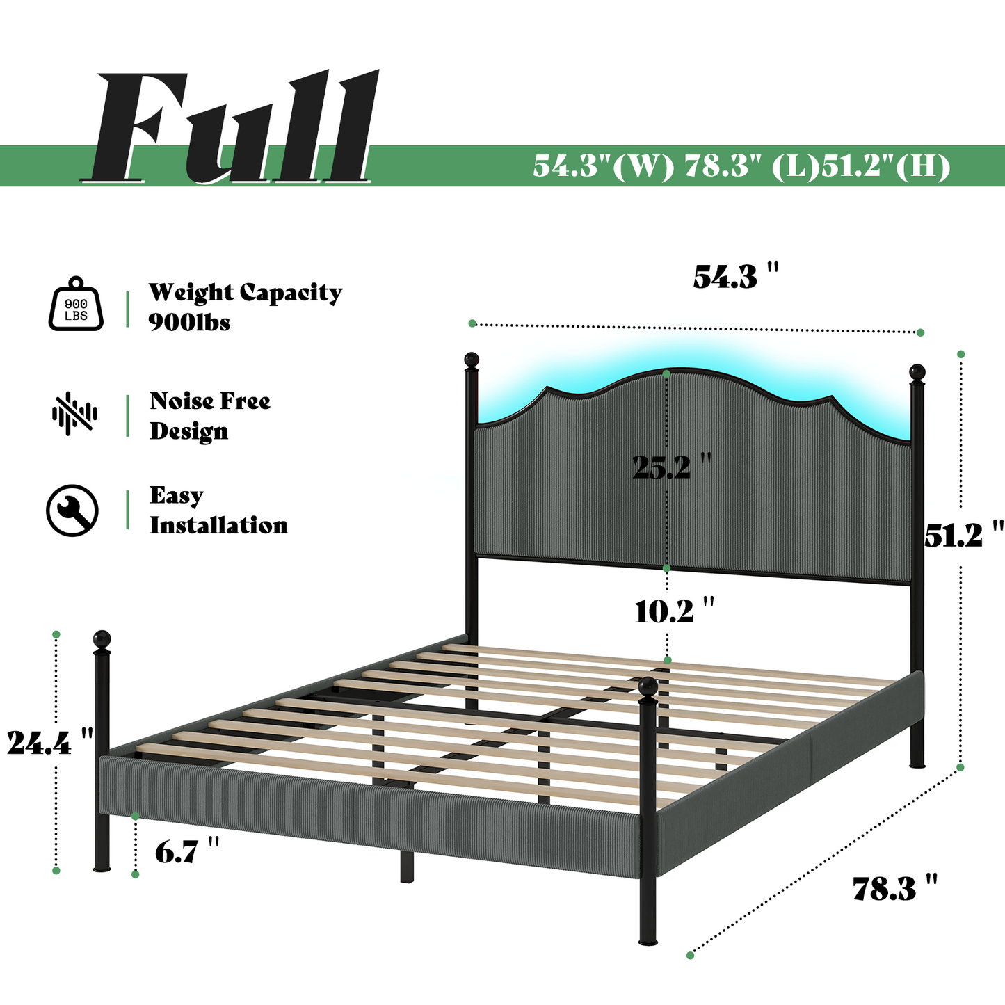 Merluxy Upholstered Full Size Bed Frame with 51.2" Tall Headboard, Metal Four Poster LED Beds for Bedroom, Easy Assembly, Wooden Slats, Grey