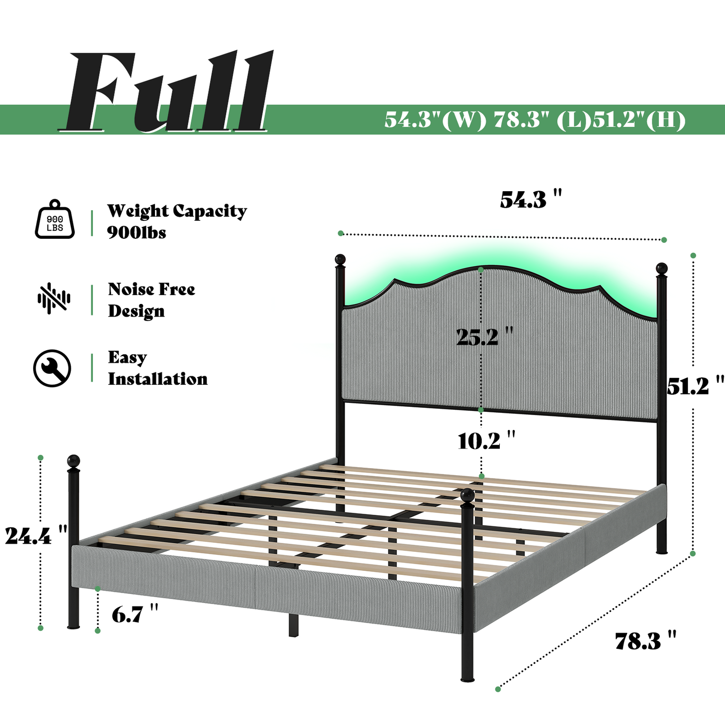 Merluxy Upholstered Full Size Bed Frame with 51.2" Tall Headboard, Metal Four Poster LED Beds for Bedroom, Easy Assembly, Wooden Slats, Grey