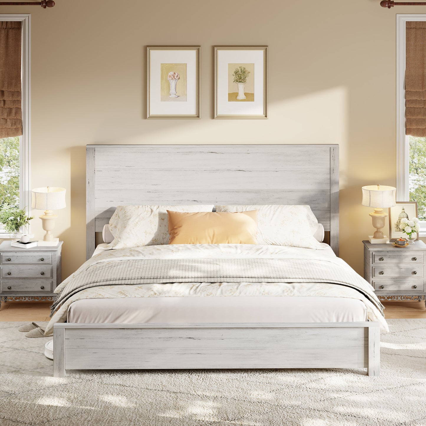 Merluxy Full Size 51.2" Wood Bed Frame, Rustic Platform Bed with Spliced Headboard, Wood Slats Support/Noiseless/No Box Spring Needed/Antique White