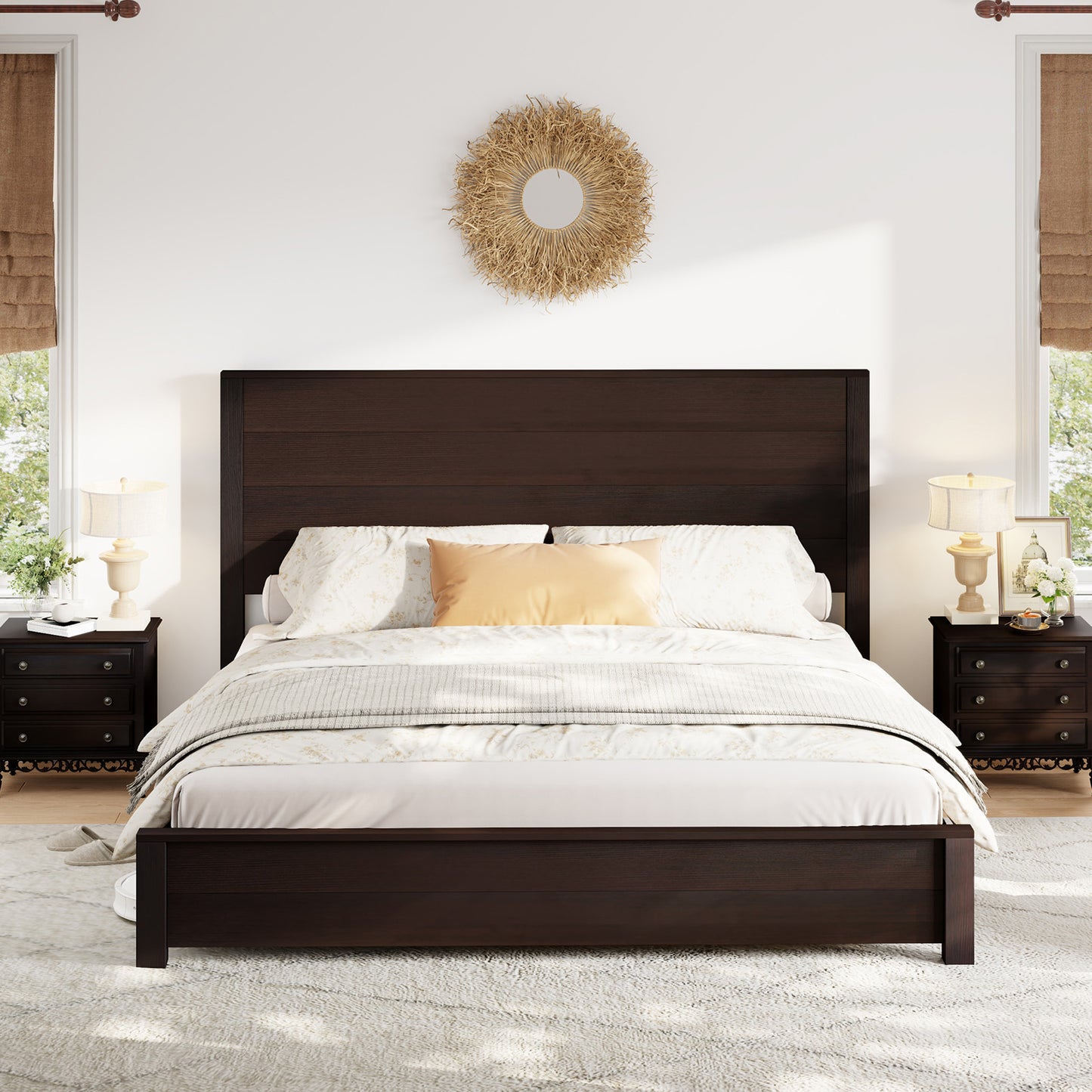 Merluxy Full Size 51.2" Wood Bed Frame, Rustic Platform Bed with Spliced Headboard, Wood Slats Support/Noiseless/No Box Spring Needed/Antique White