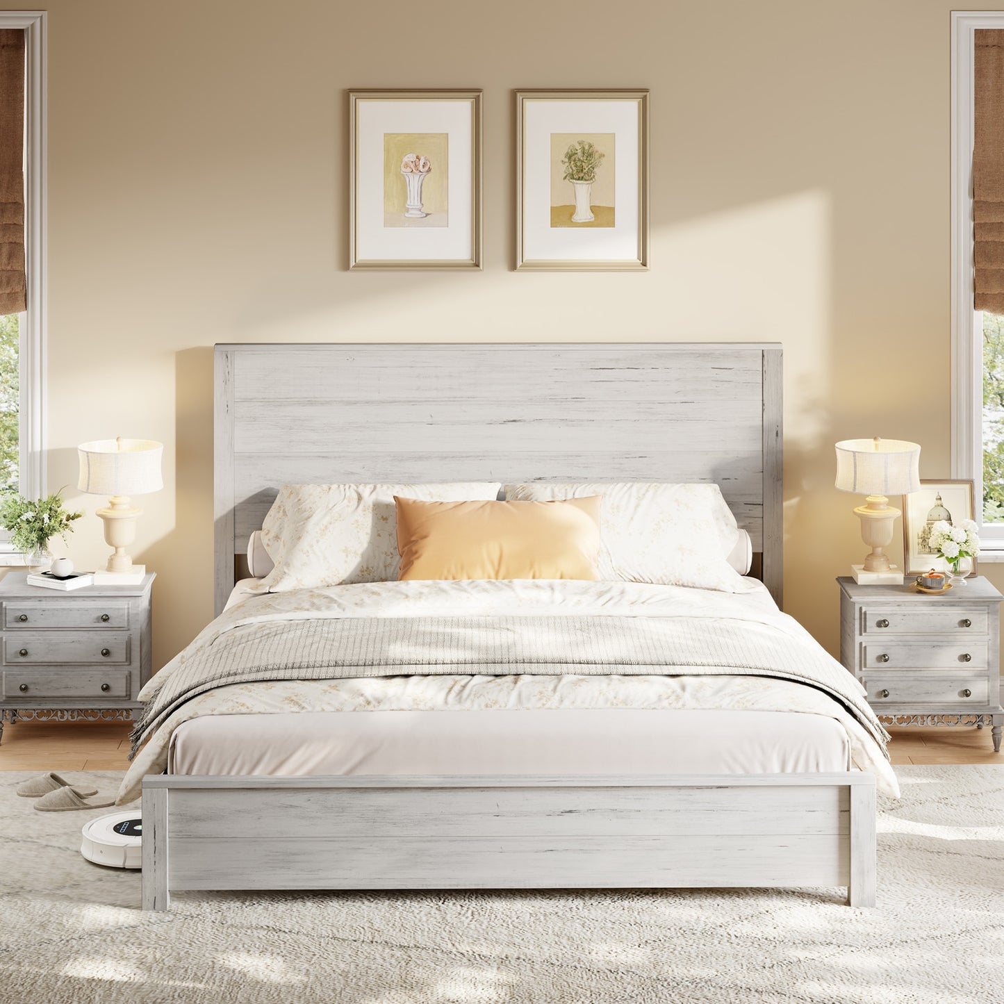 Merluxy Full Size 51.2" Wood Bed Frame, Rustic Platform Bed with Spliced Headboard, Wood Slats Support/Noiseless/No Box Spring Needed/Antique White