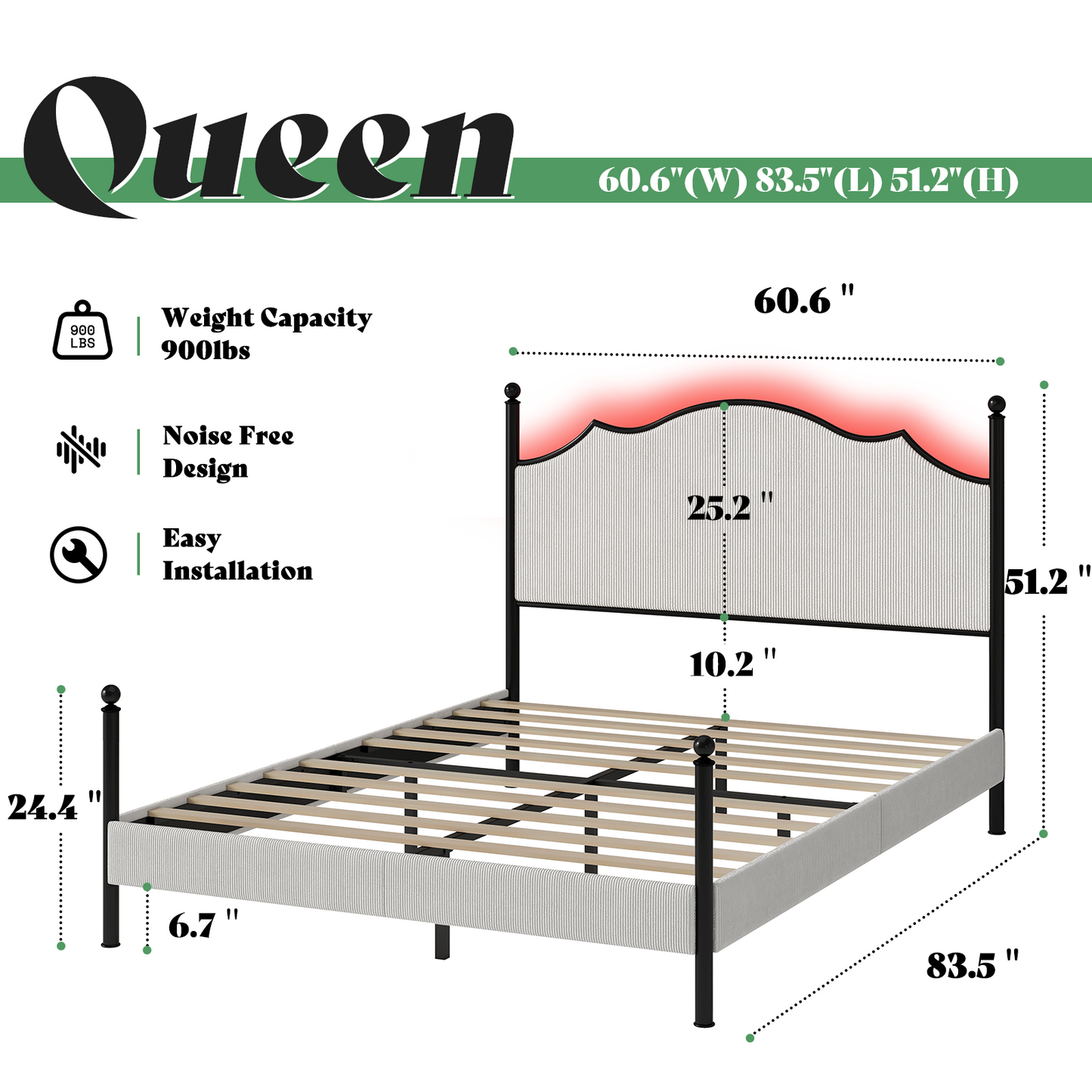 Merluxy Upholstered Full Size Bed Frame with 51.2" Tall Headboard, Metal Four Poster LED Beds for Bedroom, Easy Assembly, Wooden Slats, Grey