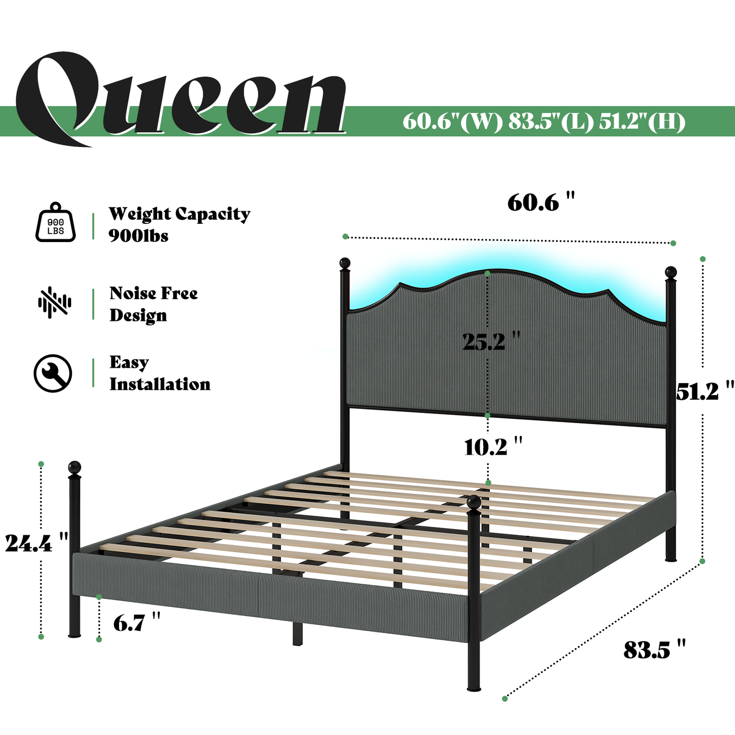 Merluxy Upholstered Full Size Bed Frame with 51.2" Tall Headboard, Metal Four Poster LED Beds for Bedroom, Easy Assembly, Wooden Slats, Grey