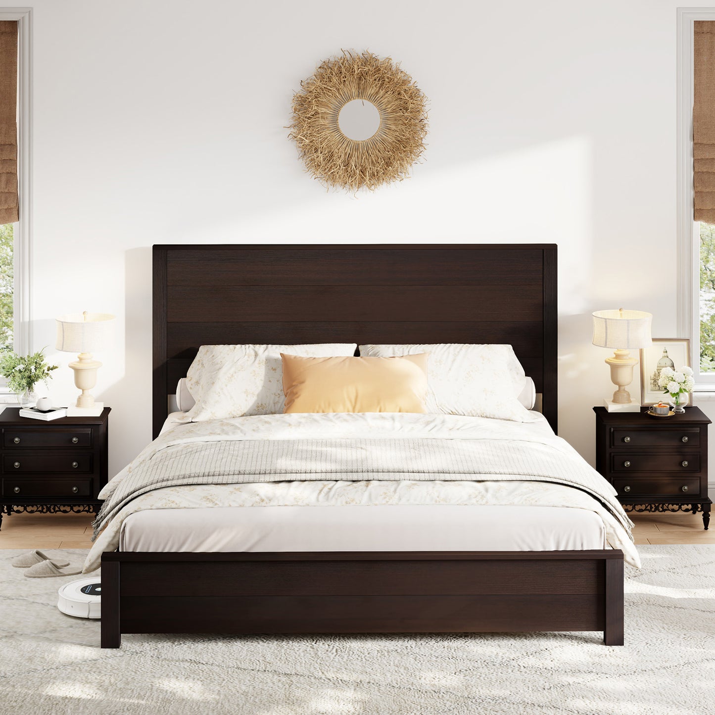 Merluxy Full Size 51.2" Wood Bed Frame, Rustic Platform Bed with Spliced Headboard, Wood Slats Support/Noiseless/No Box Spring Needed/Antique White