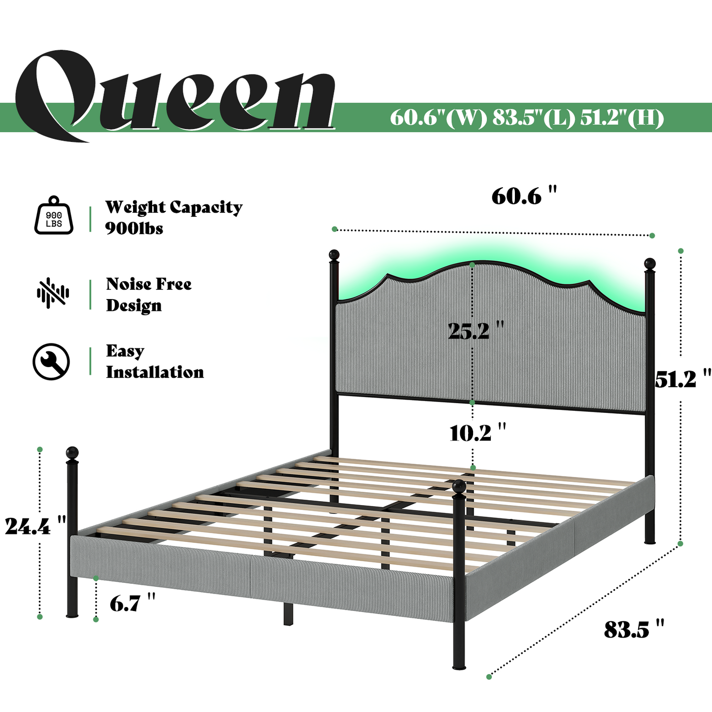 Merluxy Upholstered Full Size Bed Frame with 51.2" Tall Headboard, Metal Four Poster LED Beds for Bedroom, Easy Assembly, Wooden Slats, Grey