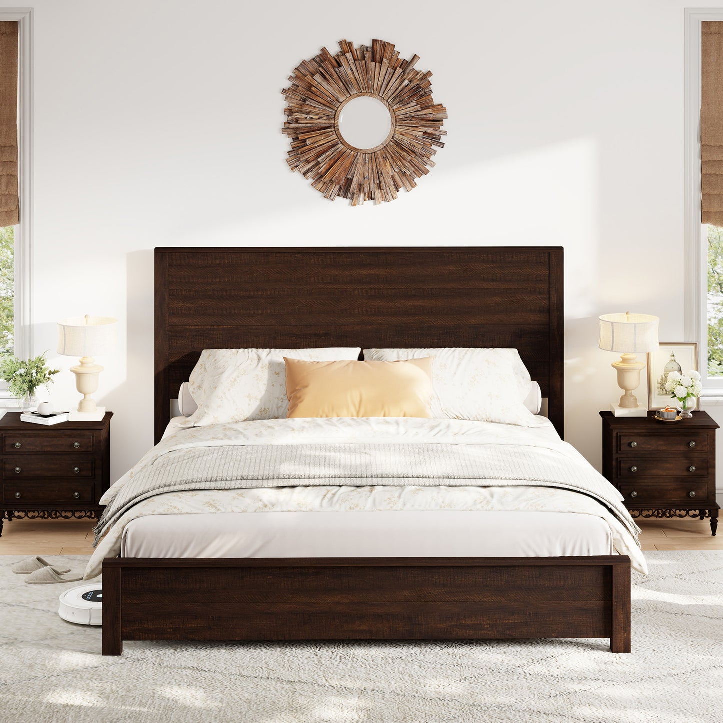 Merluxy Full Size 51.2" Wood Bed Frame, Rustic Platform Bed with Spliced Headboard, Wood Slats Support/Noiseless/No Box Spring Needed/Antique White