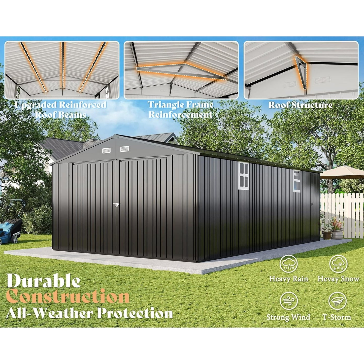 Jocisland 13.2x21x8 FT Outdoor Storage Shed, Huge Metal Garage Shed with 2 Double Hinged Doors and 4 Windows, Carport for Car, Bike, Truck, Garbage Can and Lawnmower, Dark Grey