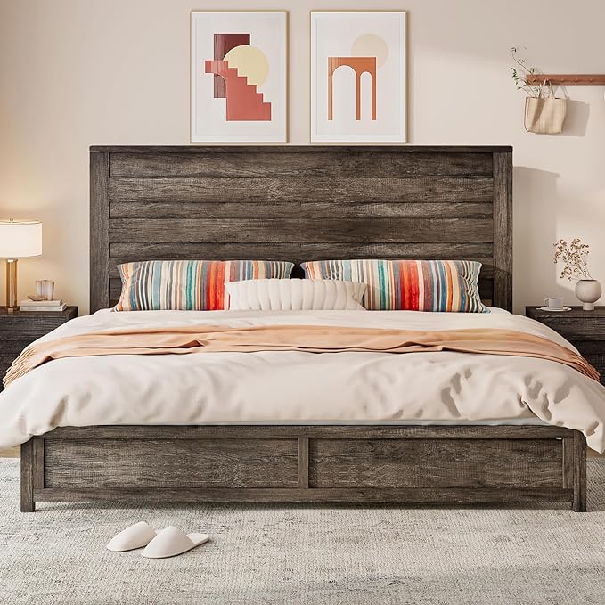 VANACC Bed Frame with 49" Tall & Full-Panel Headboard, Farmhouse Platform Bed with Wood Slats & Metal Bed Frame, No Box Spring Needed/Noise Free