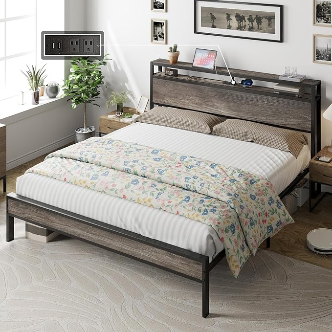 Queen Size Bed Frame Industrial Platform Bed with Charging Station, 2-Tier Storage Headboard/No Box Spring Needed/Noise-Free/Dark Brown