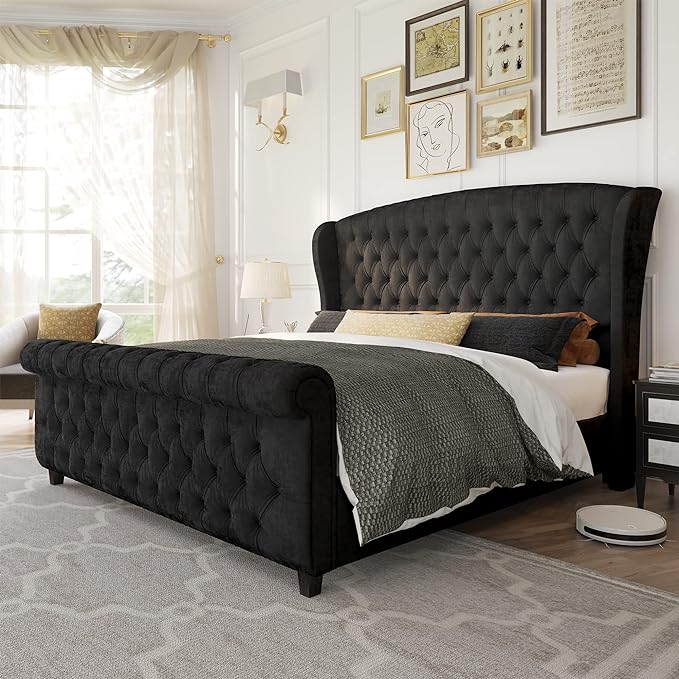 Queen Size Platform Bed Frame, Chenille Upholstered Sleigh Bed with Scroll Wingback Headboard & Footboard/Button Tufted/No Box Spring Required/Cream