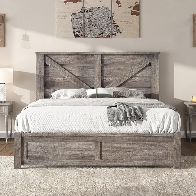 Queen Size Farmhouse Bed Frame with 49.2" Barn Door Headboard, Platform Bed Frame with Wood Slats, Under Bed Storage Space, Easy Assembly, Noisy Free, Distressed White