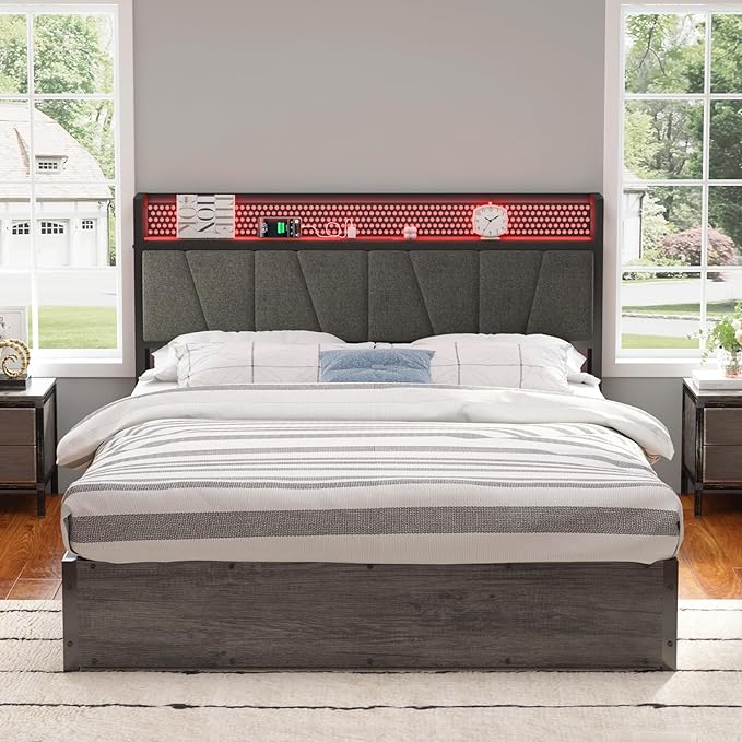 Queen Size Lift Up Bed Frame with Linen Upholstered & LED Light & Storage Headboard, Platform Bed Frame with Charging Station, No Box Spring Needed, Noisy Free, Rustic Grey