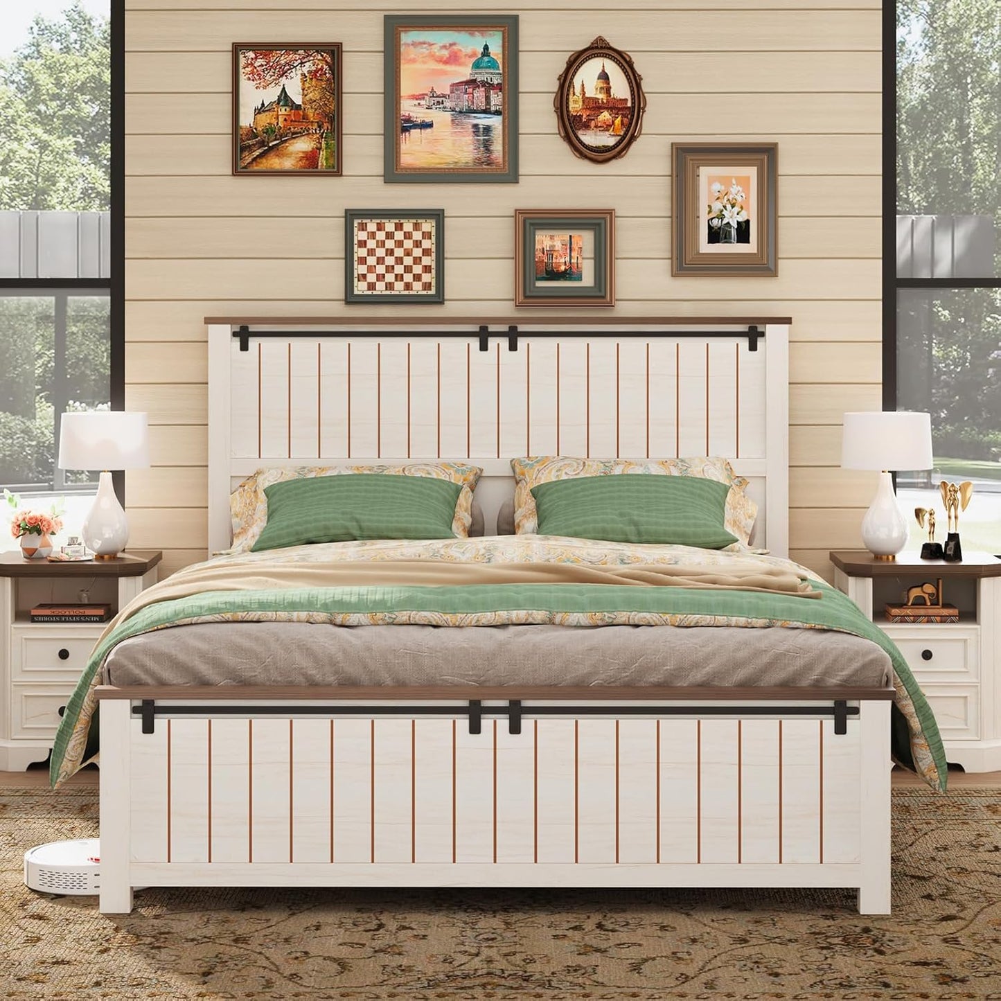 Farmhouse Bed Frame with Sliding Barn Door, Wooden Rustic Platform Bed Frame with 47" Tall Headboard, Noise-Free, Solid Wood Slats & Metal Support, No Box Spring Needed