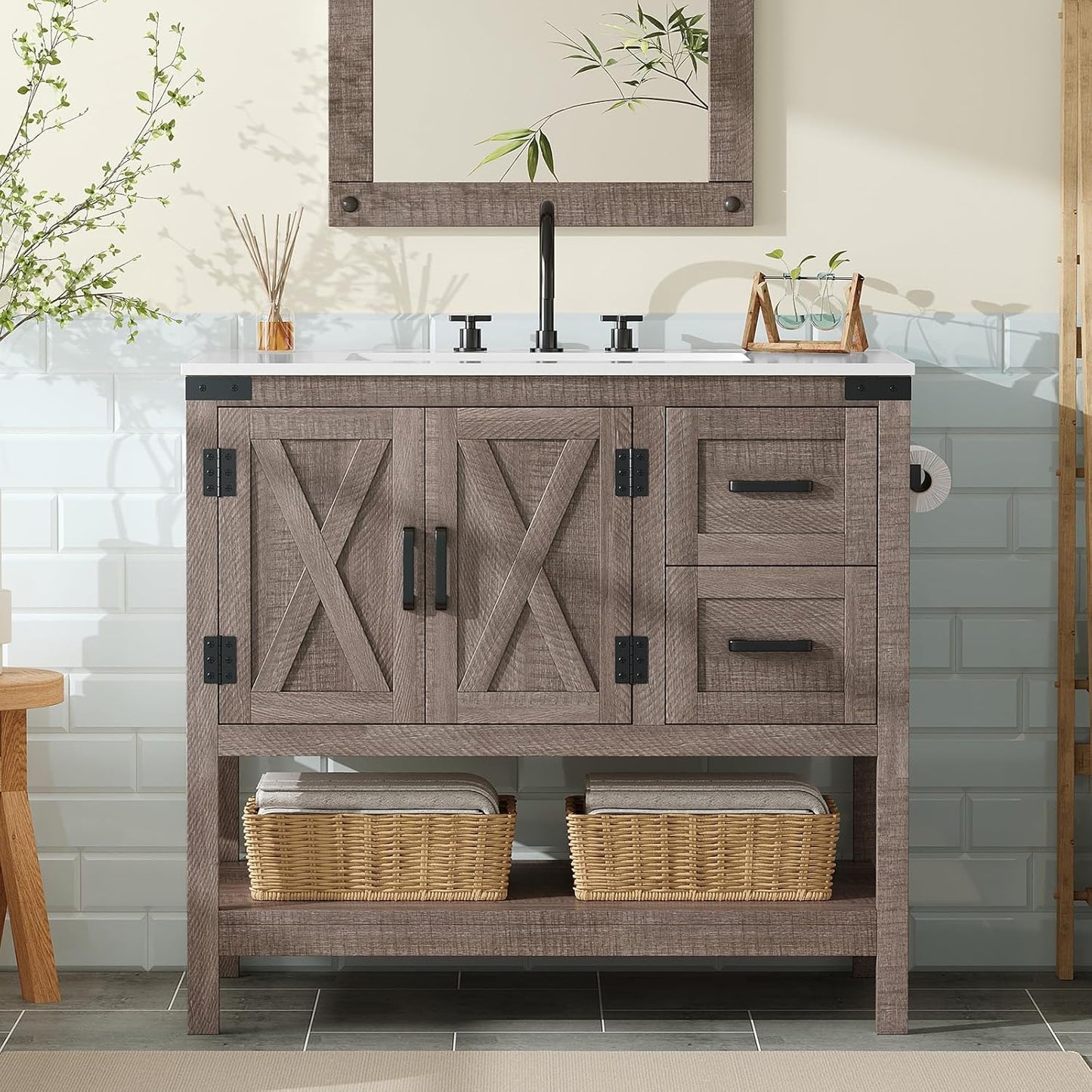 Farmhouse Bathroom Vanity with Sink,Wood Barn Door Freestanding Bath Storage Cabinet,White