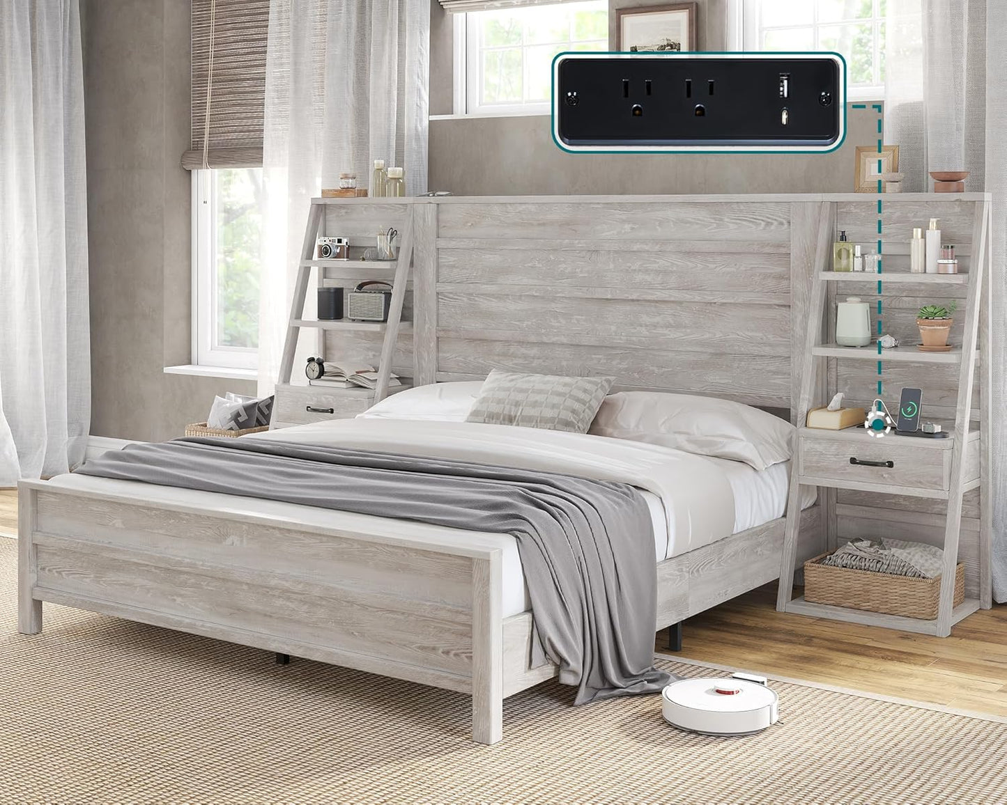 Merluxy Bed Frame Farmhouse with 98" W Headboard,Bookshelves & Charging Station