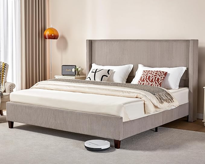 Queen Size Platform Bed Frame, 50.8" Corduroy Upholstered Bed with Vertical Channel Tufted Headboard/Wooden Slats/Wingback/No Box Spring Required/Taupe