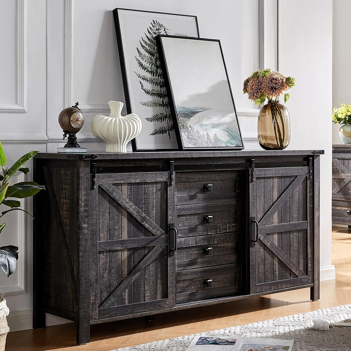 Sideboard Buffet Cabinet with Sliding Barn Doors & 4 Drawers for Dining Living Room, White