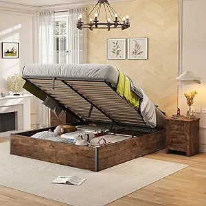 Lift Up Storage Bed, Full Bed Frame with Storage Underneath, Wooden Platform Bed Frame, Solid Wood Slats Support, No Fixed Headboard, No Box Spring Needed, Rustic Grey