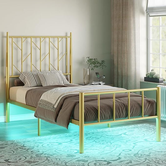 Twin Metal Bed Frame with Adjustable Headboard and LED Lights