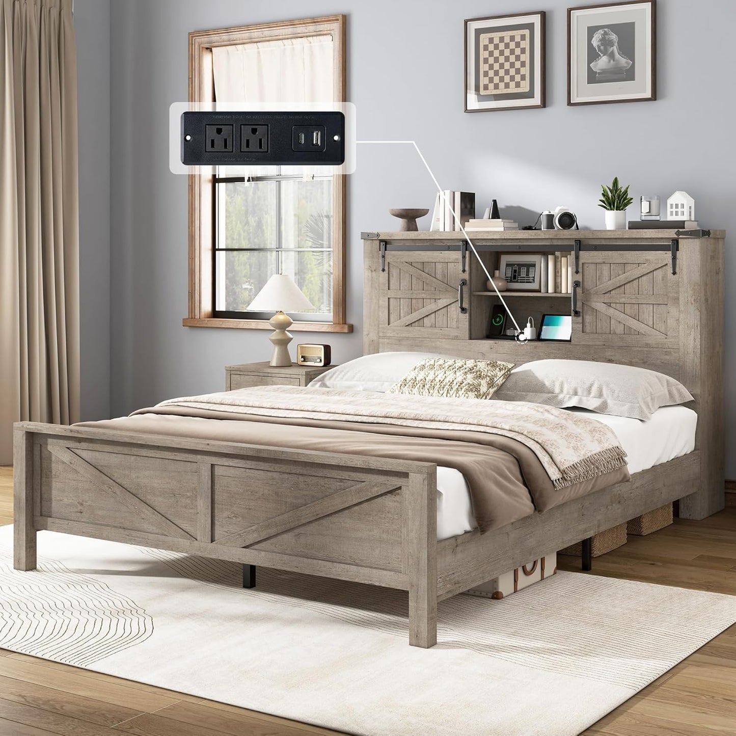 Farmhouse Full Bed Frame with Storage Bookcase & Charging Station, Bedroom Furniture, Black