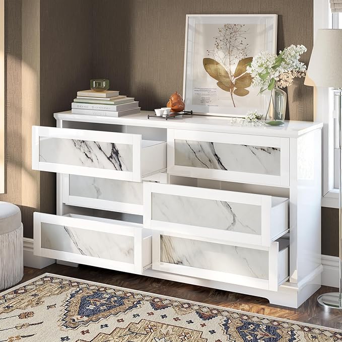 Natural Marble 6 Drawer Dresser, 54" High-Gloss Chest of Drawers No Handles for Bedroom, Living Room, Modern, White